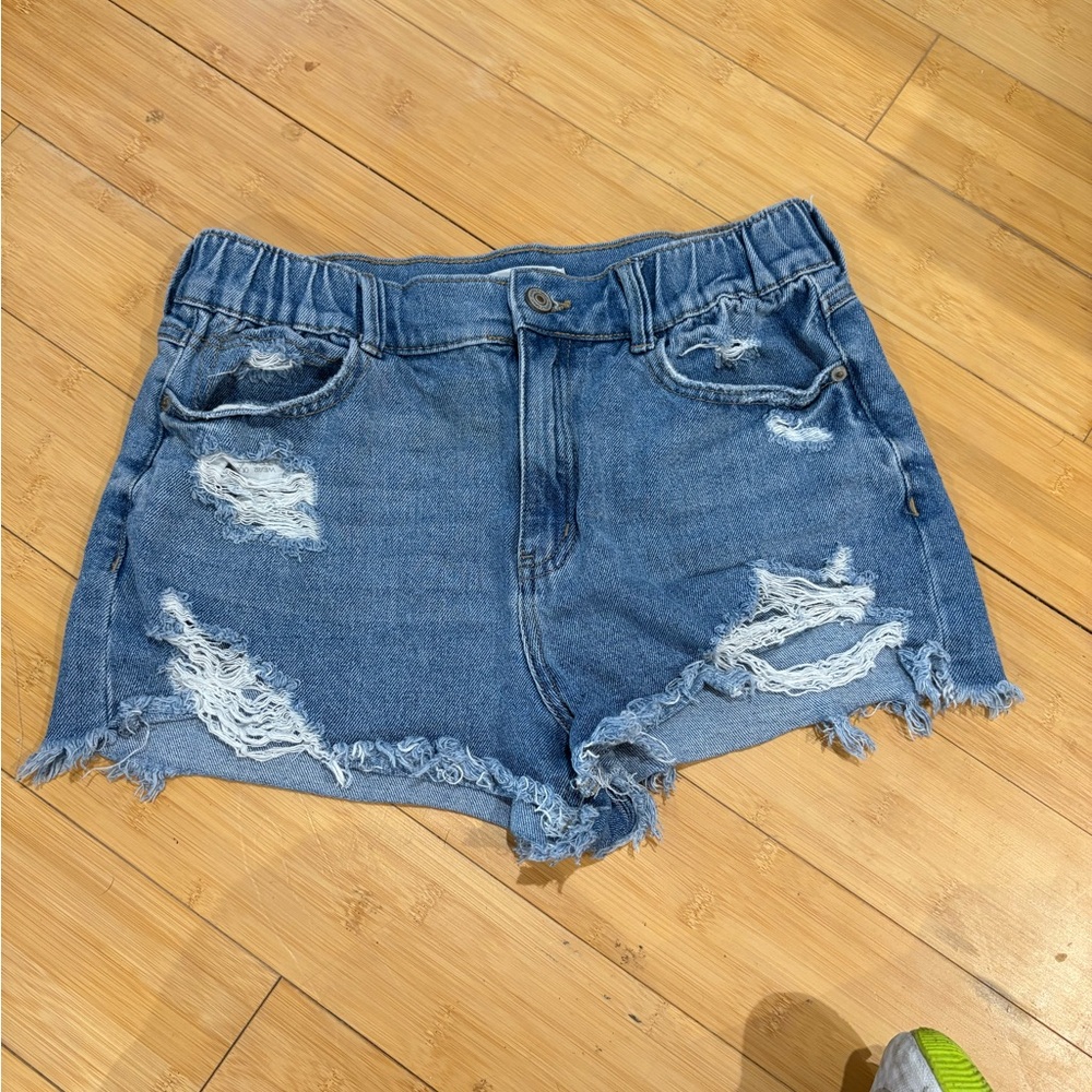 Blue Distressed Jean Shorts with Frayed Hem